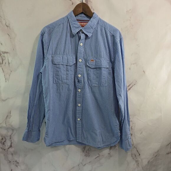 Simms Shirt Mens Medium Blue White Plaid Button Up Long Sleeve Gingham Cotton - Picture 1 of 12